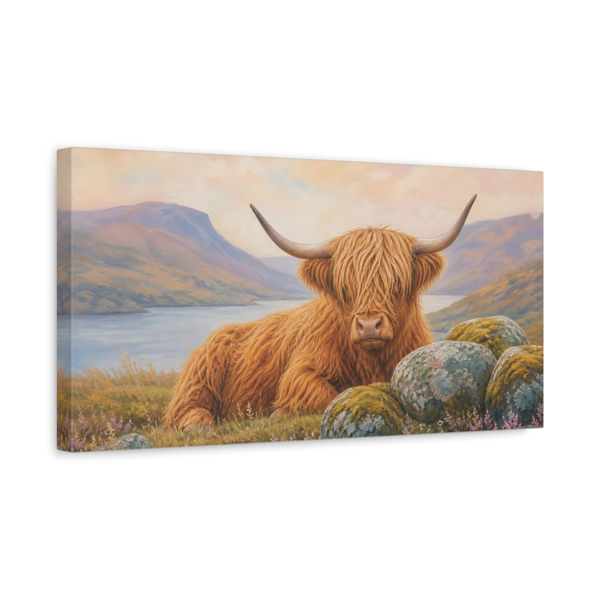 Side Mockup 3. Animals Highland Cow Highland Cow Orange shown as stretched canvas wall art