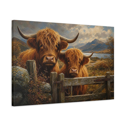 Side Mockup 2. Animals Highland Cows Brown Highland Cows shown as stretched canvas wall art