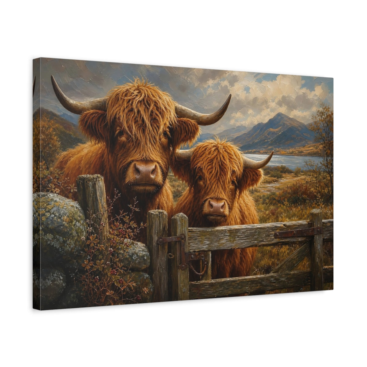 Side Mockup 3. Animals Highland Cows Brown Highland Cows shown as stretched canvas wall art