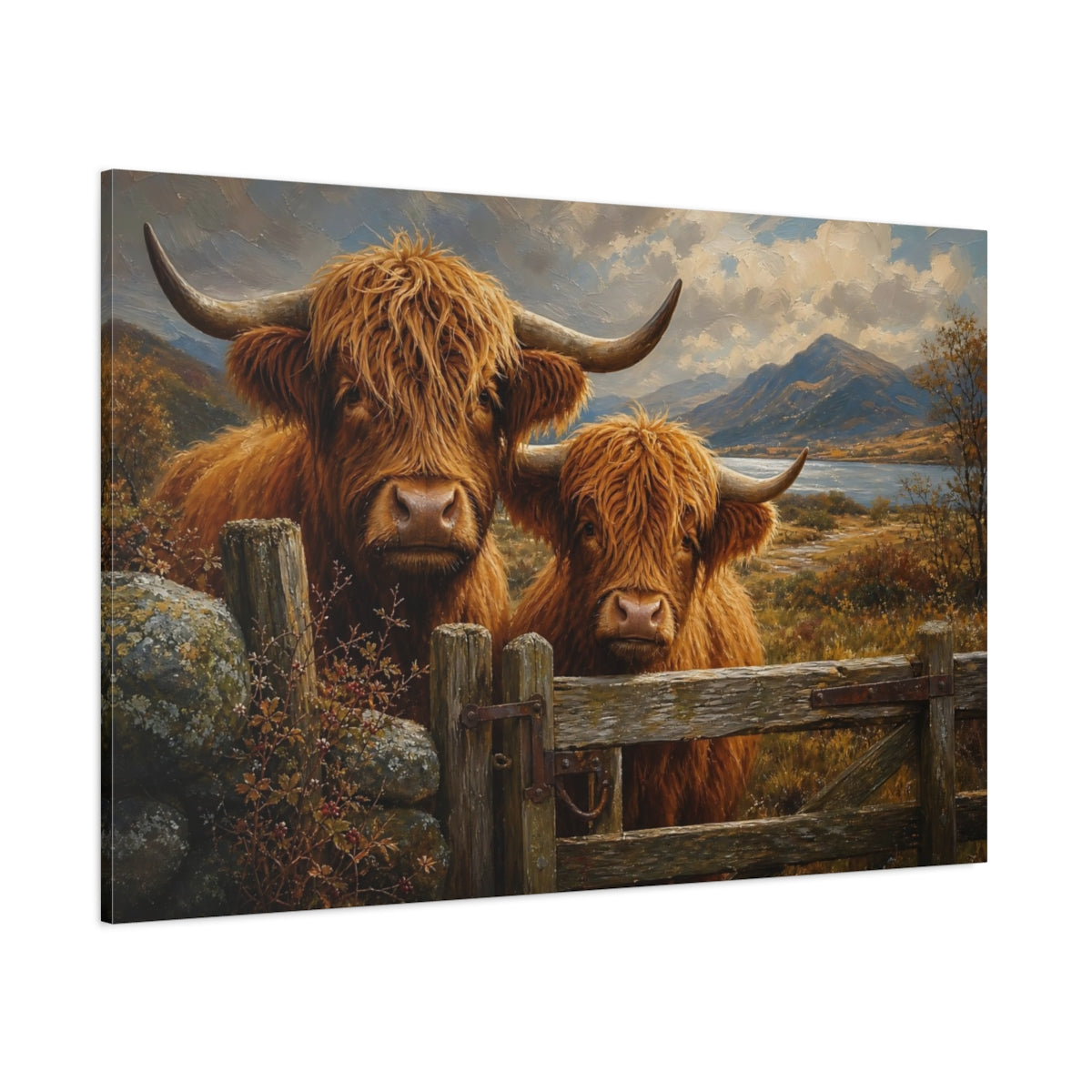 Side Mockup 1. Animals Highland Cows Brown Highland Cows shown as stretched canvas wall art