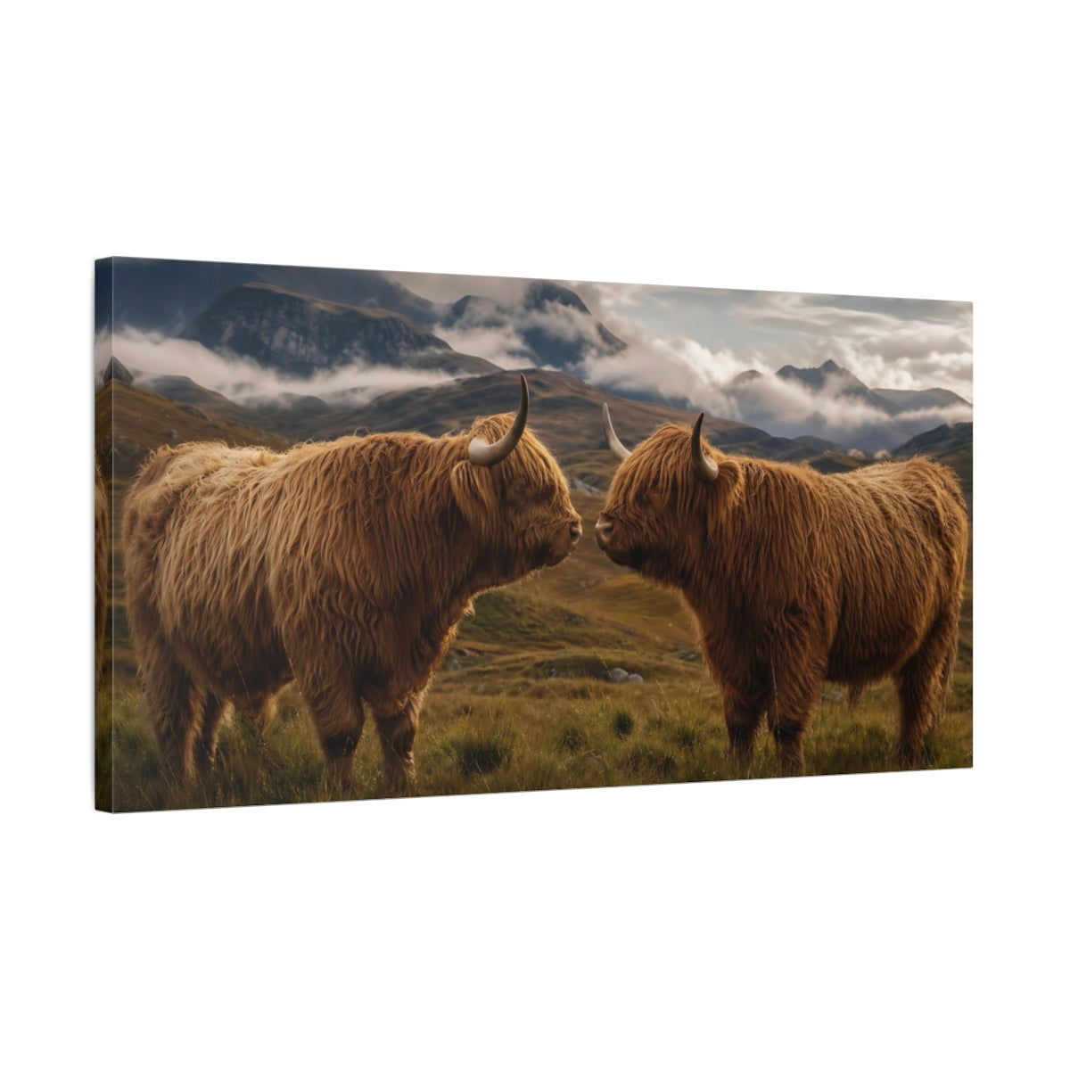 Side Mockup 1. Animals Highland Cows Brown Highland Cows shown as stretched canvas wall art