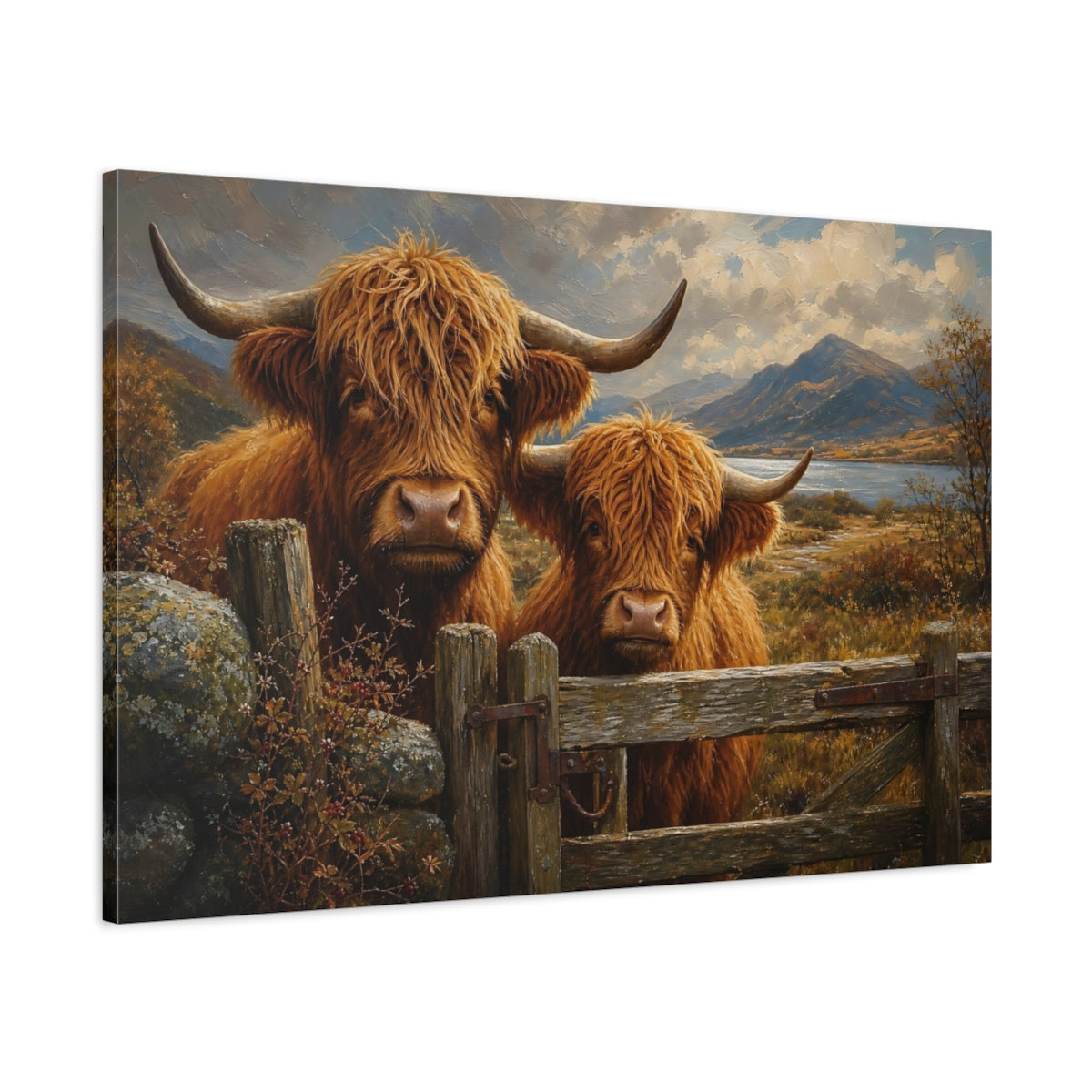 Main Mockup. Animals Highland Cows Brown Highland Cows shown as stretched canvas wall art
