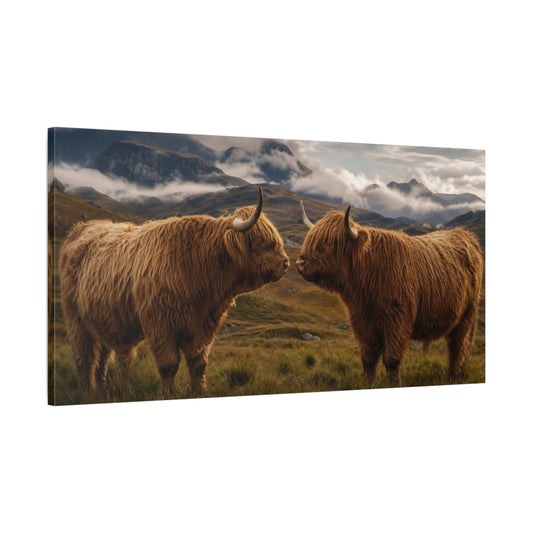 Main Mockup. Animals Highland Cows Brown Highland Cows shown as stretched canvas wall art