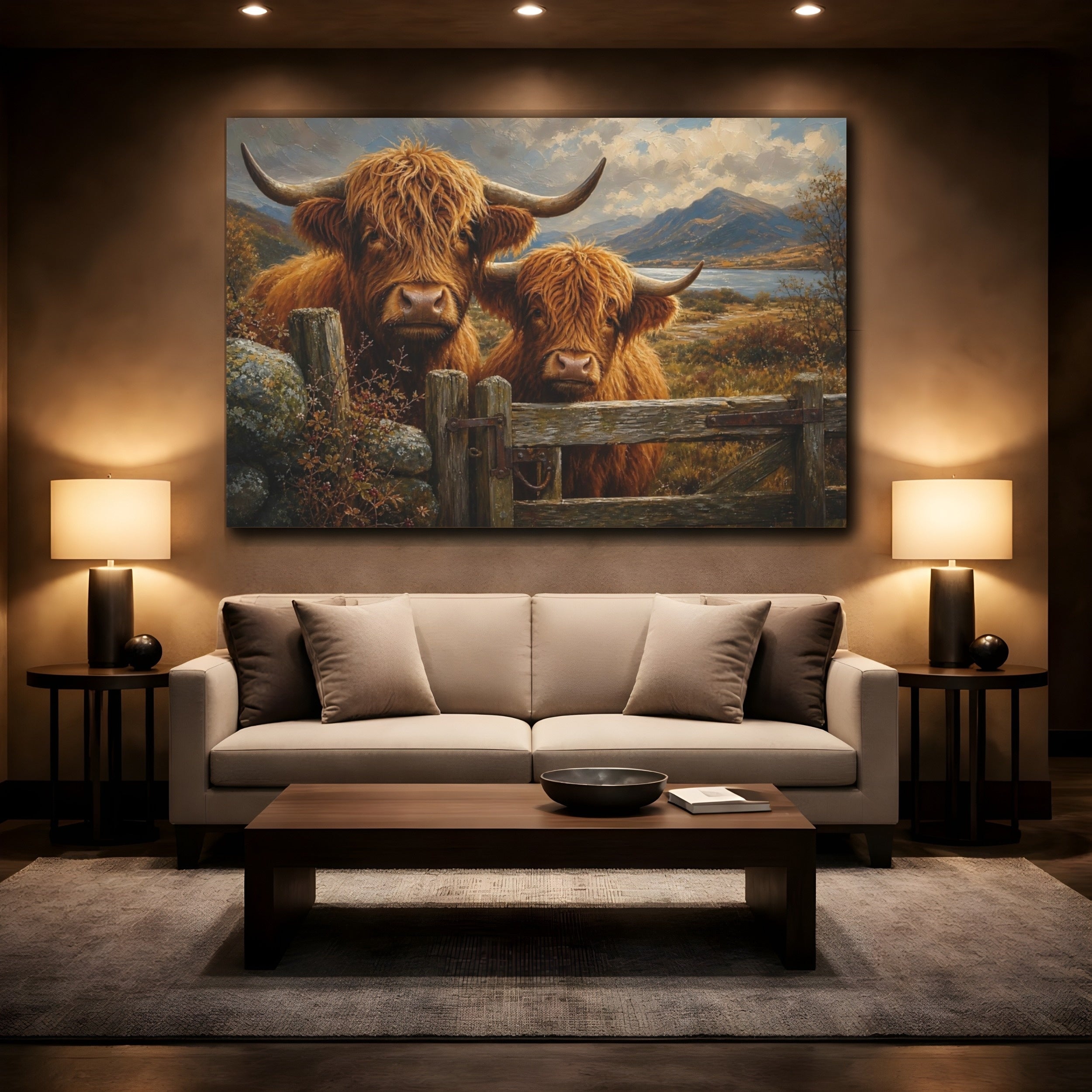 Mockup 2. Animals Highland Cows Brown Highland Cows shown as stretched canvas wall art