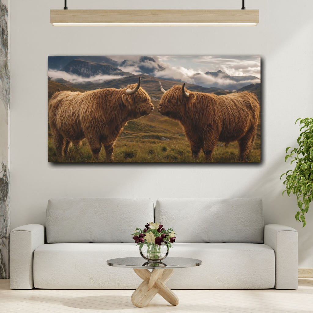 Mockup 2. Animals Highland Cows Brown Highland Cows shown as stretched canvas wall art