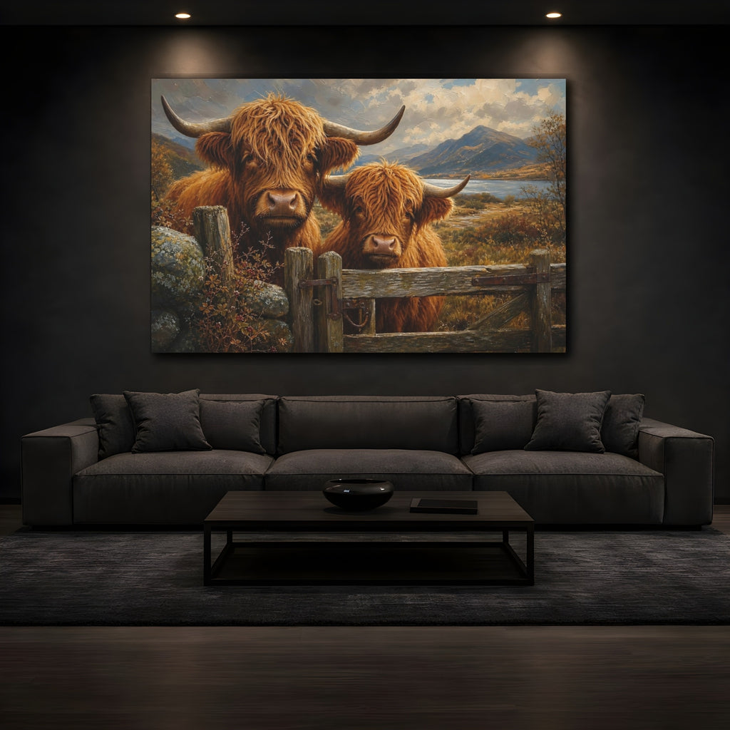 Mockup 3. Animals Highland Cows Brown Highland Cows shown as stretched canvas wall art