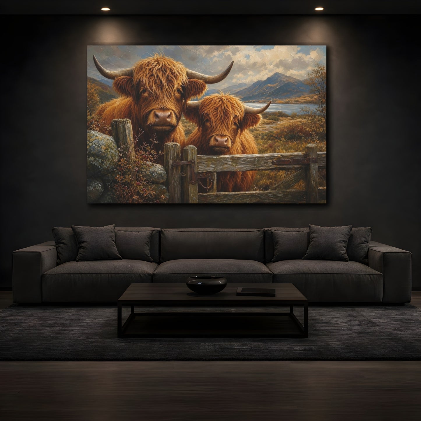 Mockup 3. Animals Highland Cows Brown Highland Cows shown as stretched canvas wall art
