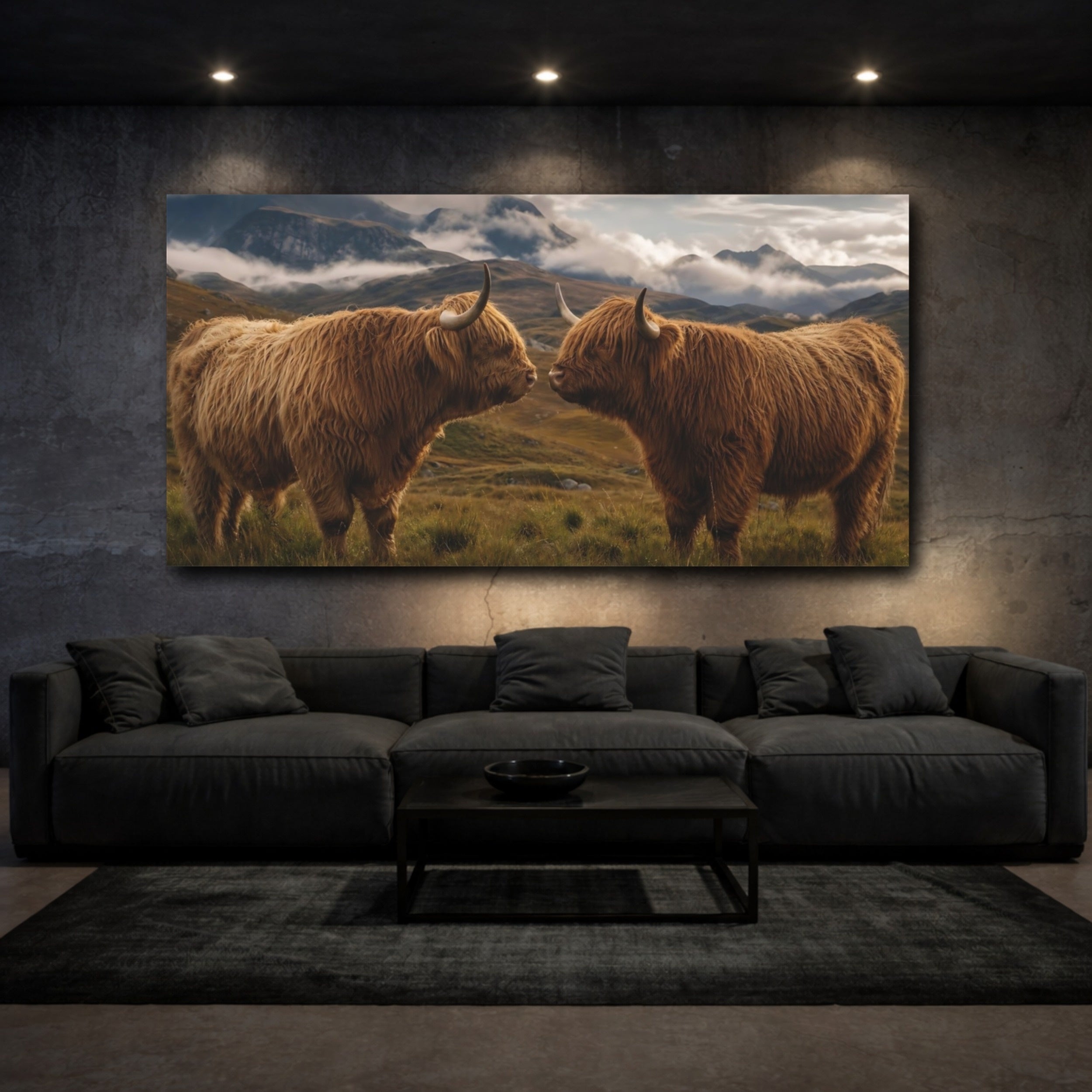 Mockup 3. Animals Highland Cows Brown Highland Cows shown as stretched canvas wall art