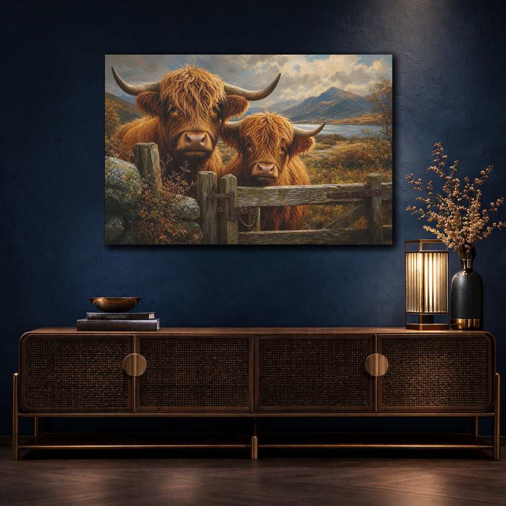 Mockup 4. Animals Highland Cows Brown Highland Cows shown as stretched canvas wall art