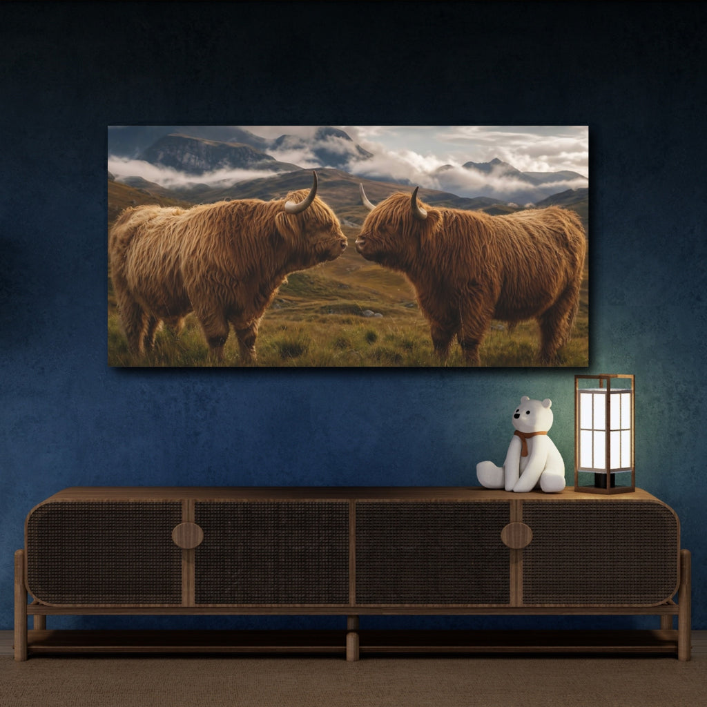 Mockup 4. Animals Highland Cows Brown Highland Cows shown as stretched canvas wall art