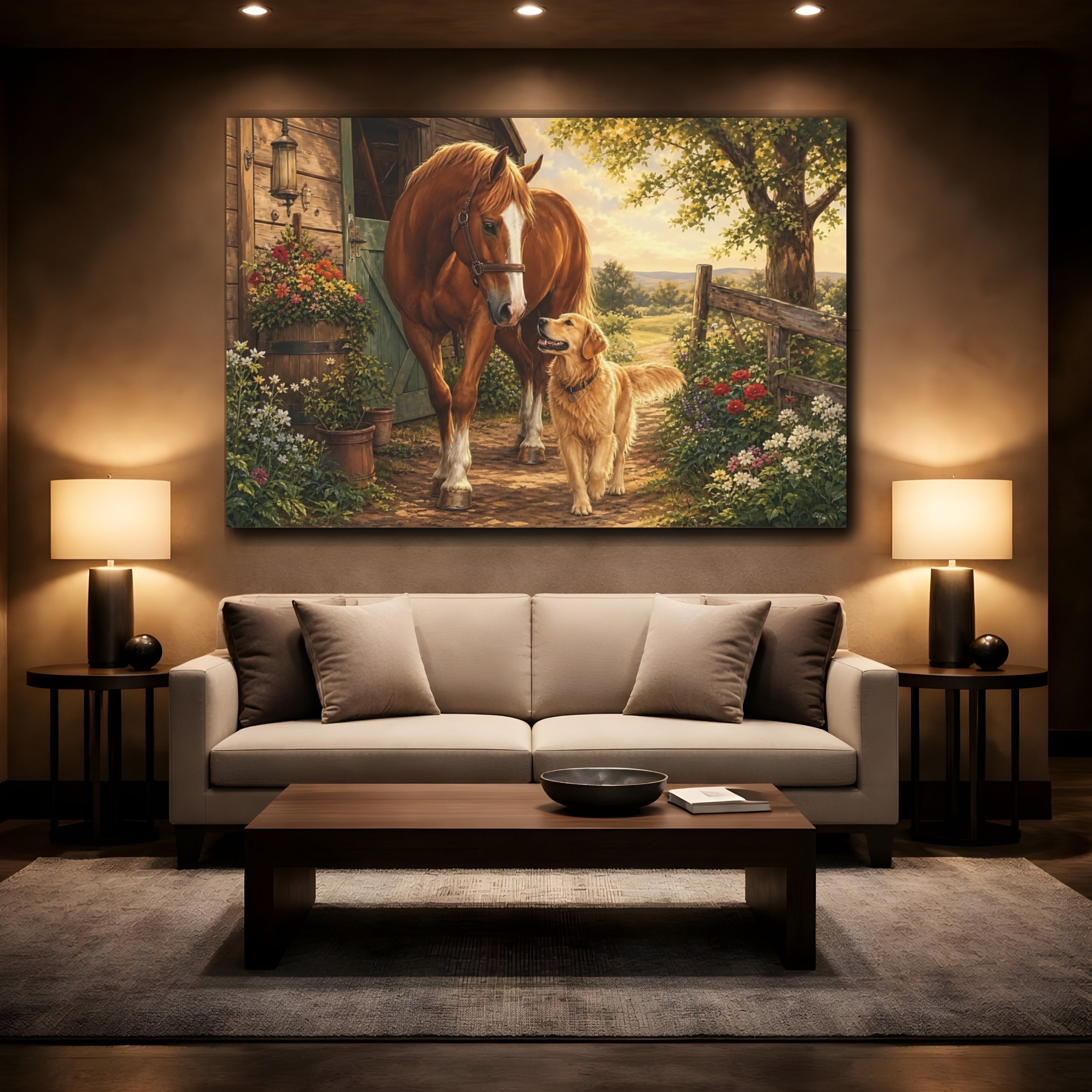 Mockup 2. Animals Horse And Dog Brown And Gold Animals shown as stretched canvas wall art