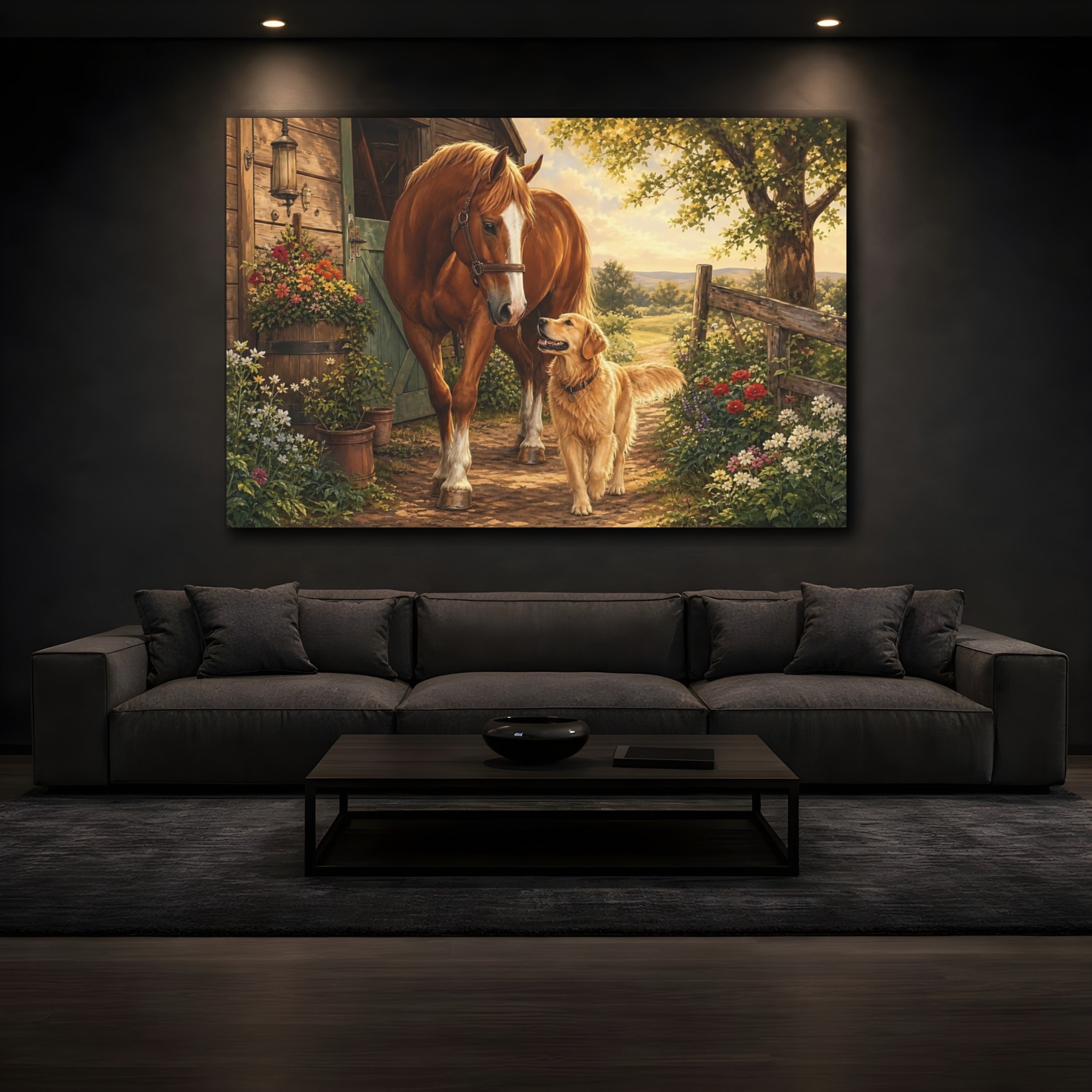Mockup 3. Animals Horse And Dog Brown And Gold Animals shown as stretched canvas wall art