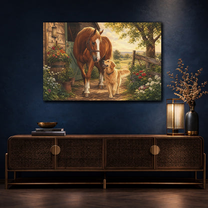 Mockup 4. Animals Horse And Dog Brown And Gold Animals shown as stretched canvas wall art