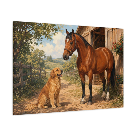 Main Mockup. Animals Horse And Dog Brown And Green shown as stretched canvas wall art