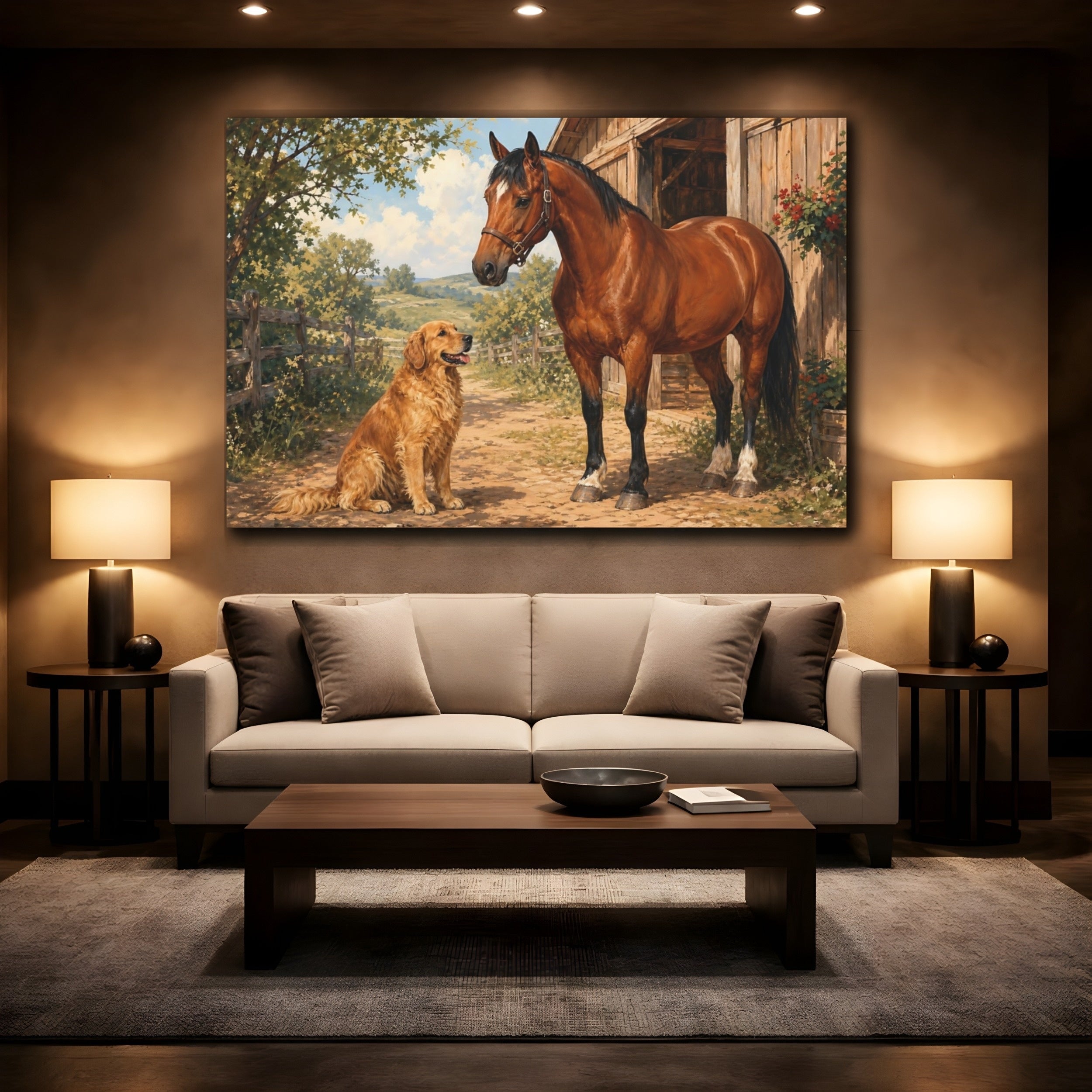 Mockup 2. Animals Horse And Dog Brown And Green shown as stretched canvas wall art