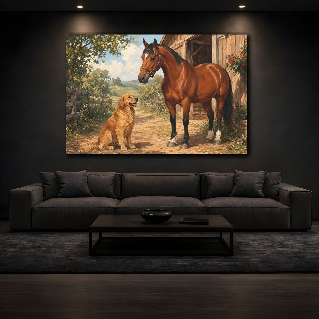 Mockup 3. Animals Horse And Dog Brown And Green shown as stretched canvas wall art