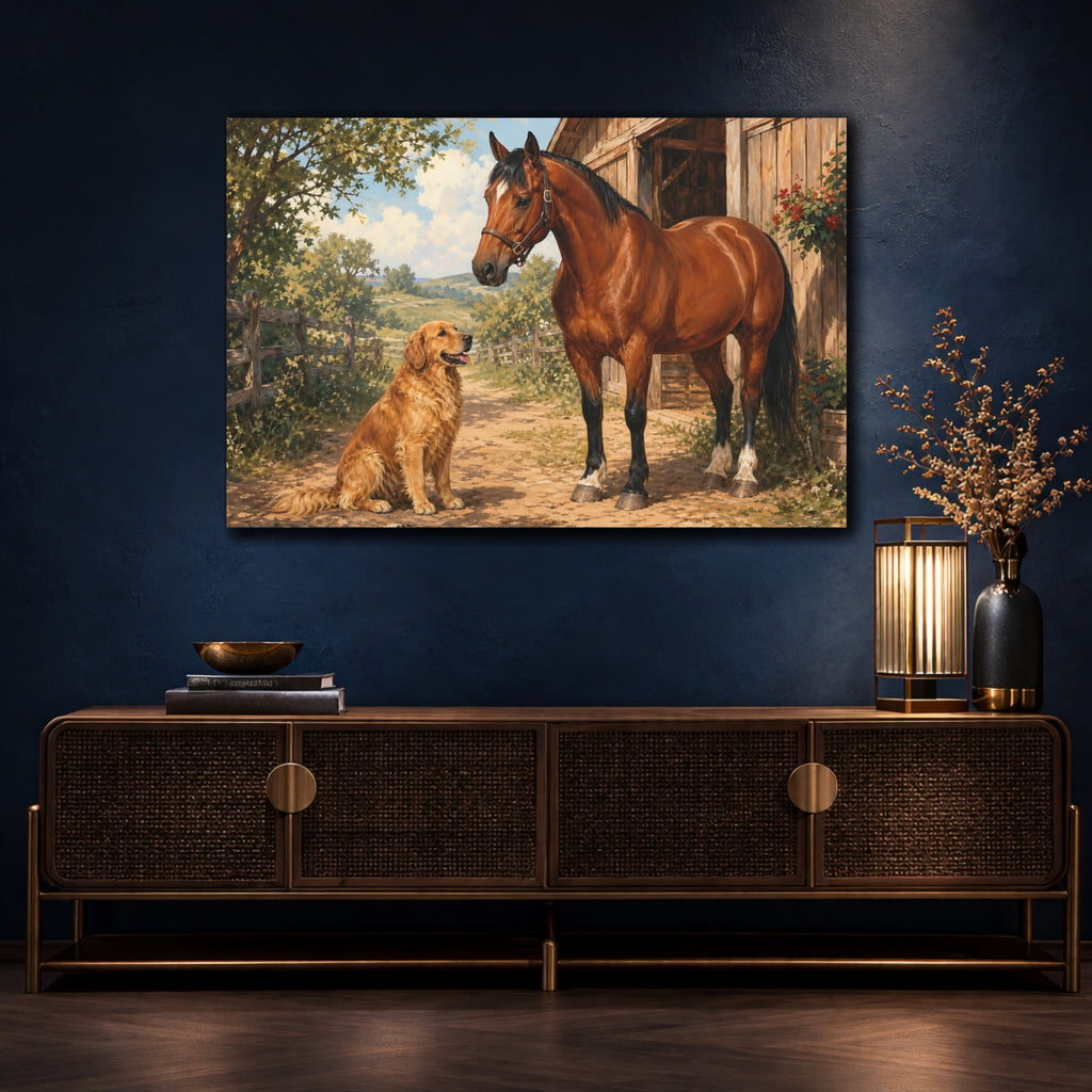 Mockup 4. Animals Horse And Dog Brown And Green shown as stretched canvas wall art