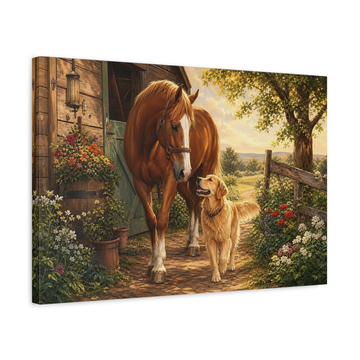 Side Mockup 3. Animals Horse And Dog Brown And Gold Animals shown as stretched canvas wall art