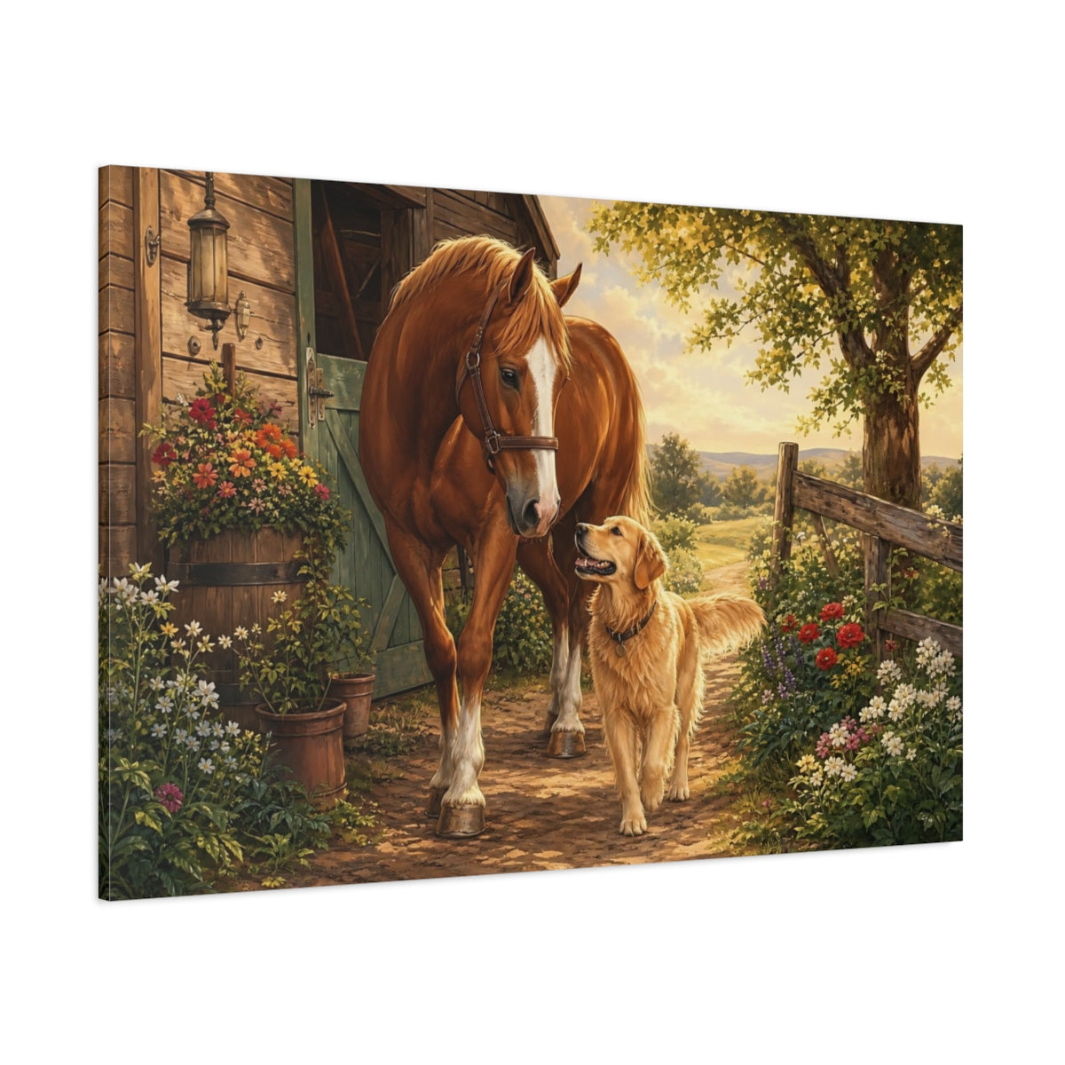 Side Mockup 1. Animals Horse And Dog Brown And Gold Animals shown as stretched canvas wall art