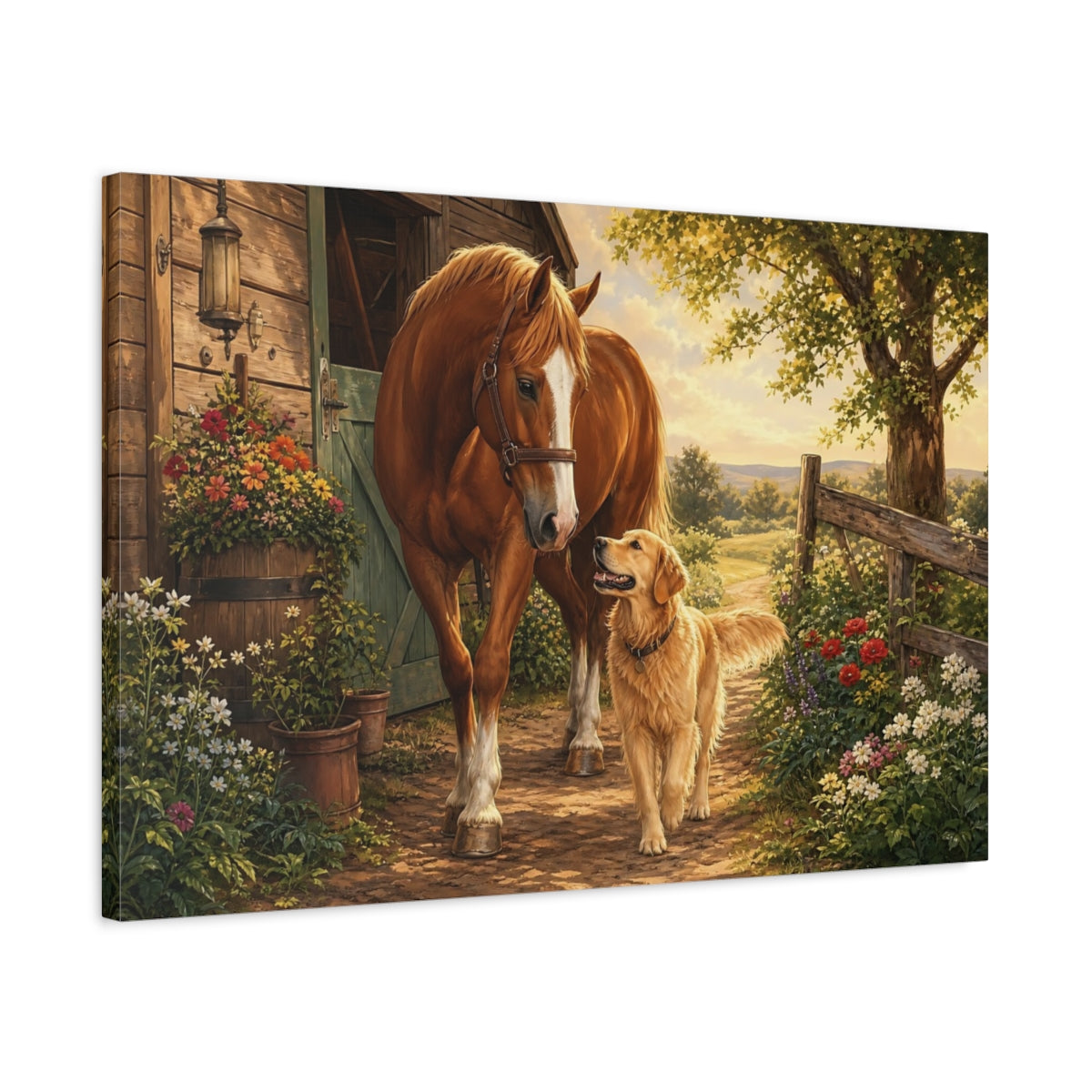 Side Mockup 2. Animals Horse And Dog Brown And Gold Animals shown as stretched canvas wall art