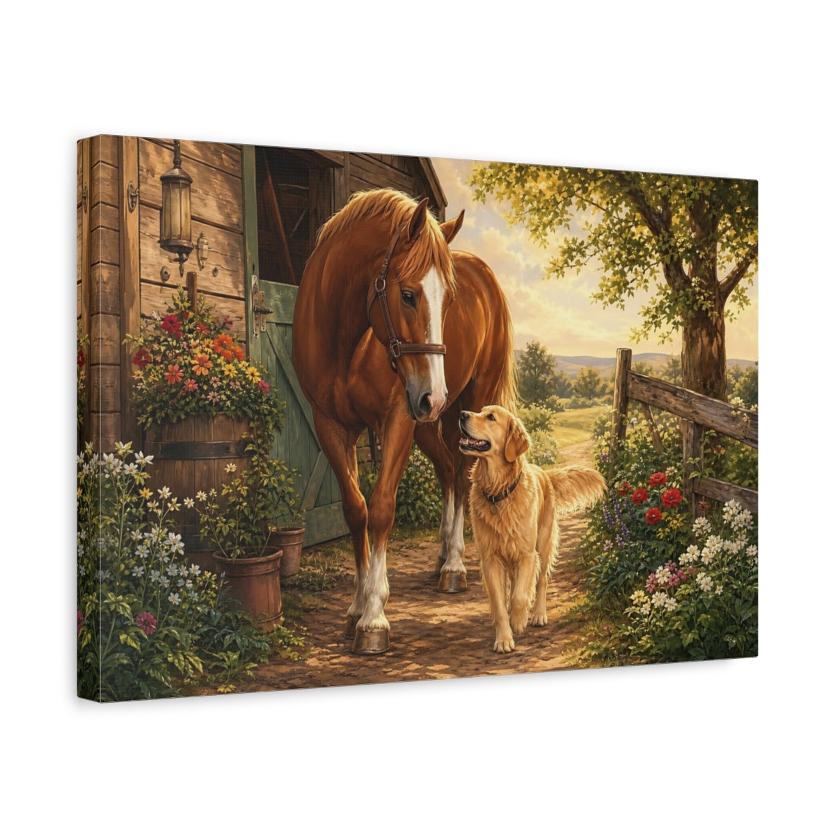 Side Mockup 4. Animals Horse And Dog Brown And Gold Animals shown as stretched canvas wall art