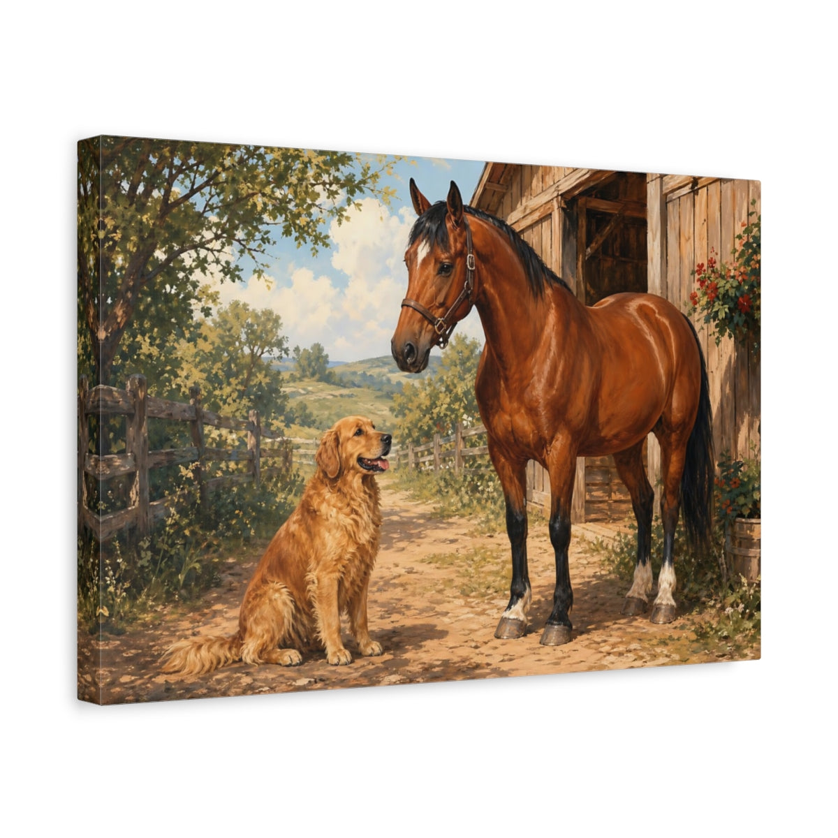 Side Mockup 4. Animals Horse And Dog Brown And Green shown as stretched canvas wall art