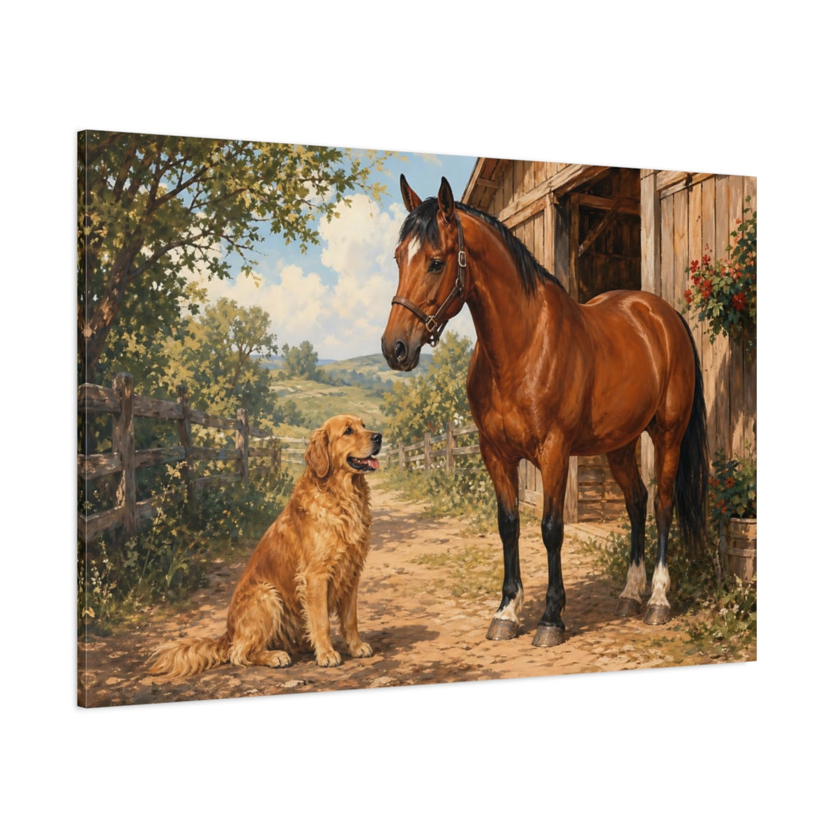 Side Mockup 1. Animals Horse And Dog Brown And Green shown as stretched canvas wall art