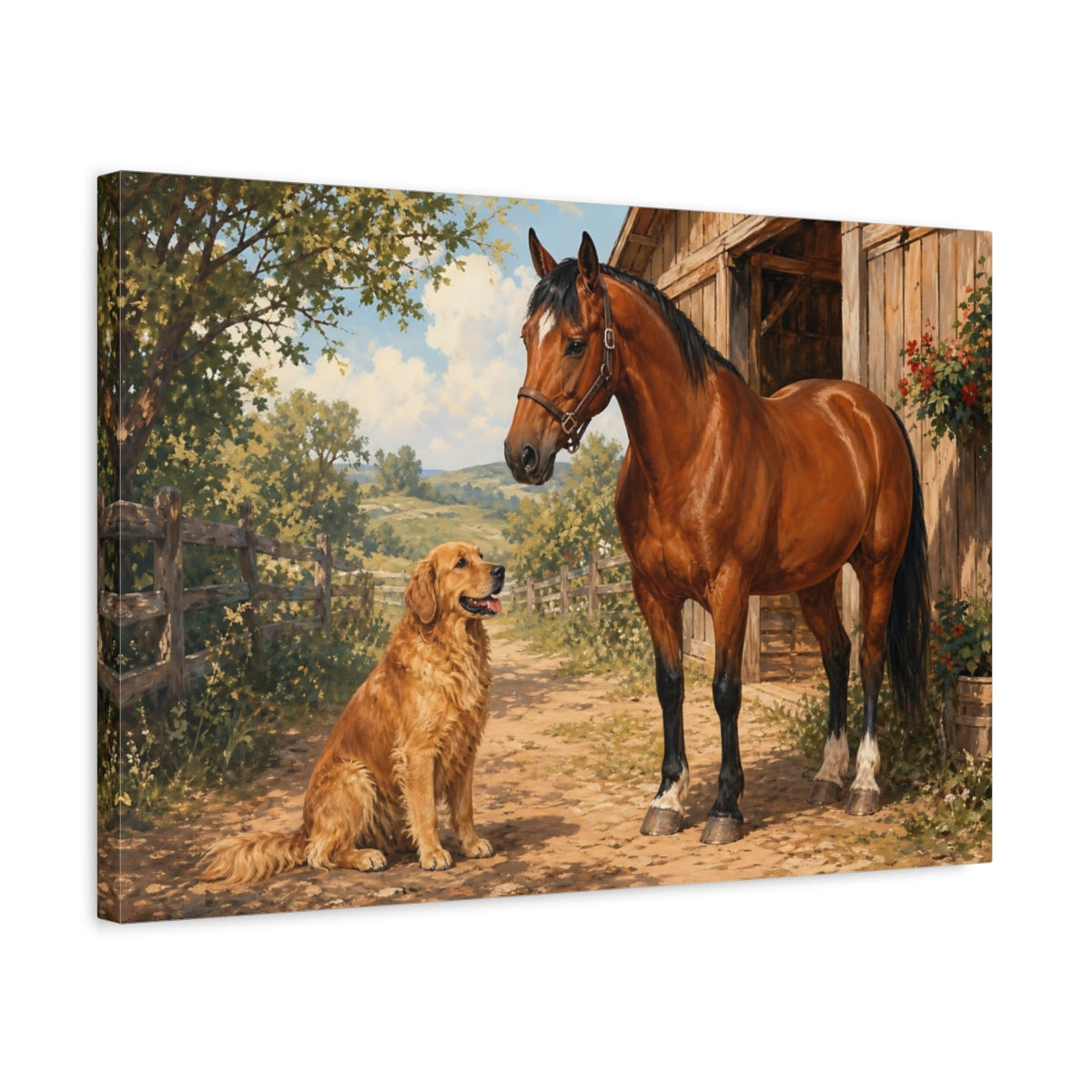 Side Mockup 3. Animals Horse And Dog Brown And Green shown as stretched canvas wall art