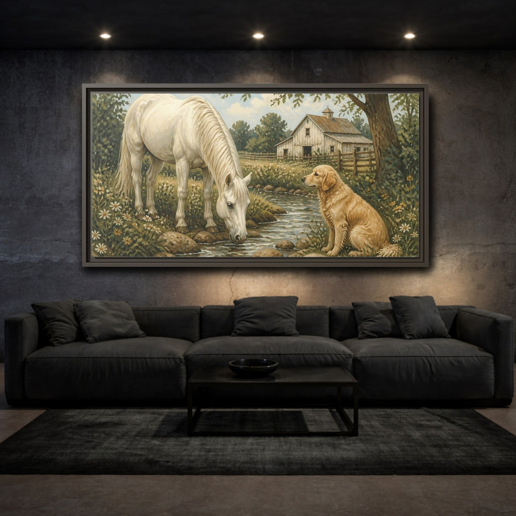 Mockup 2. Animals Horse And Dog Rural Farm Animals shown as stretched canvas wall art