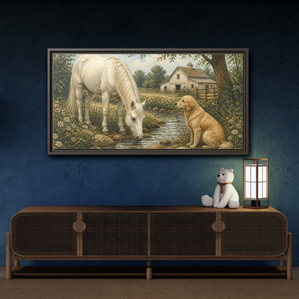 Mockup 4. Animals Horse And Dog Rural Farm Animals shown as stretched canvas wall art