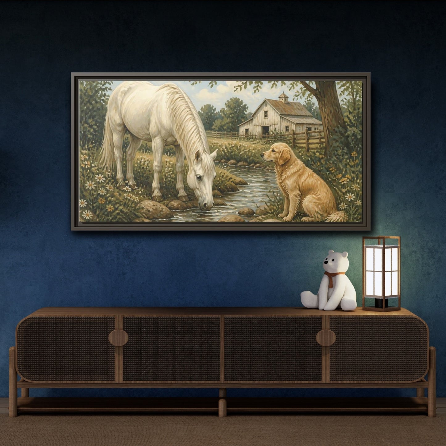 Mockup 4. Animals Horse And Dog Rural Farm Animals shown as stretched canvas wall art