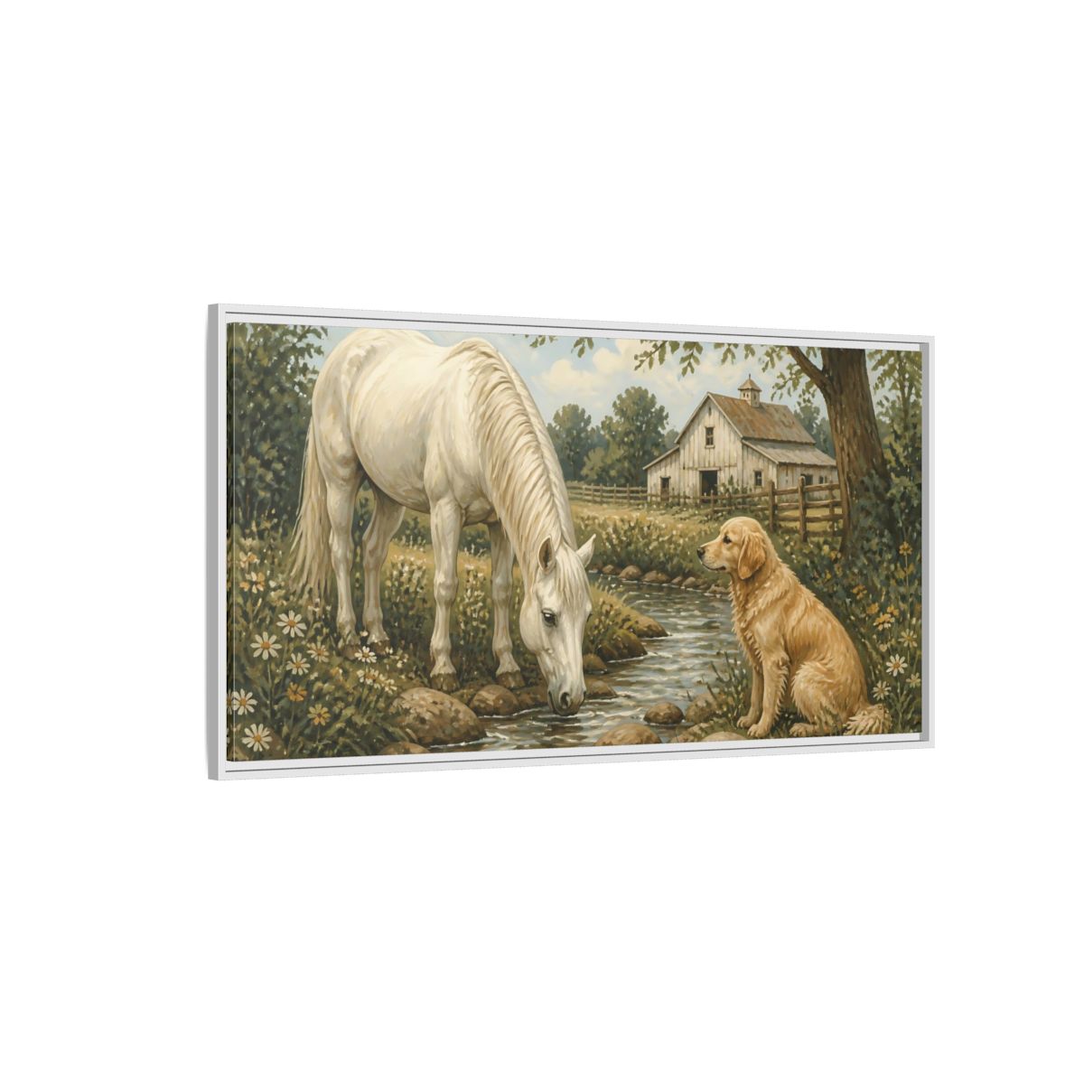 Side Mockup 3. Animals Horse And Dog Rural Farm Animals shown as stretched canvas wall art