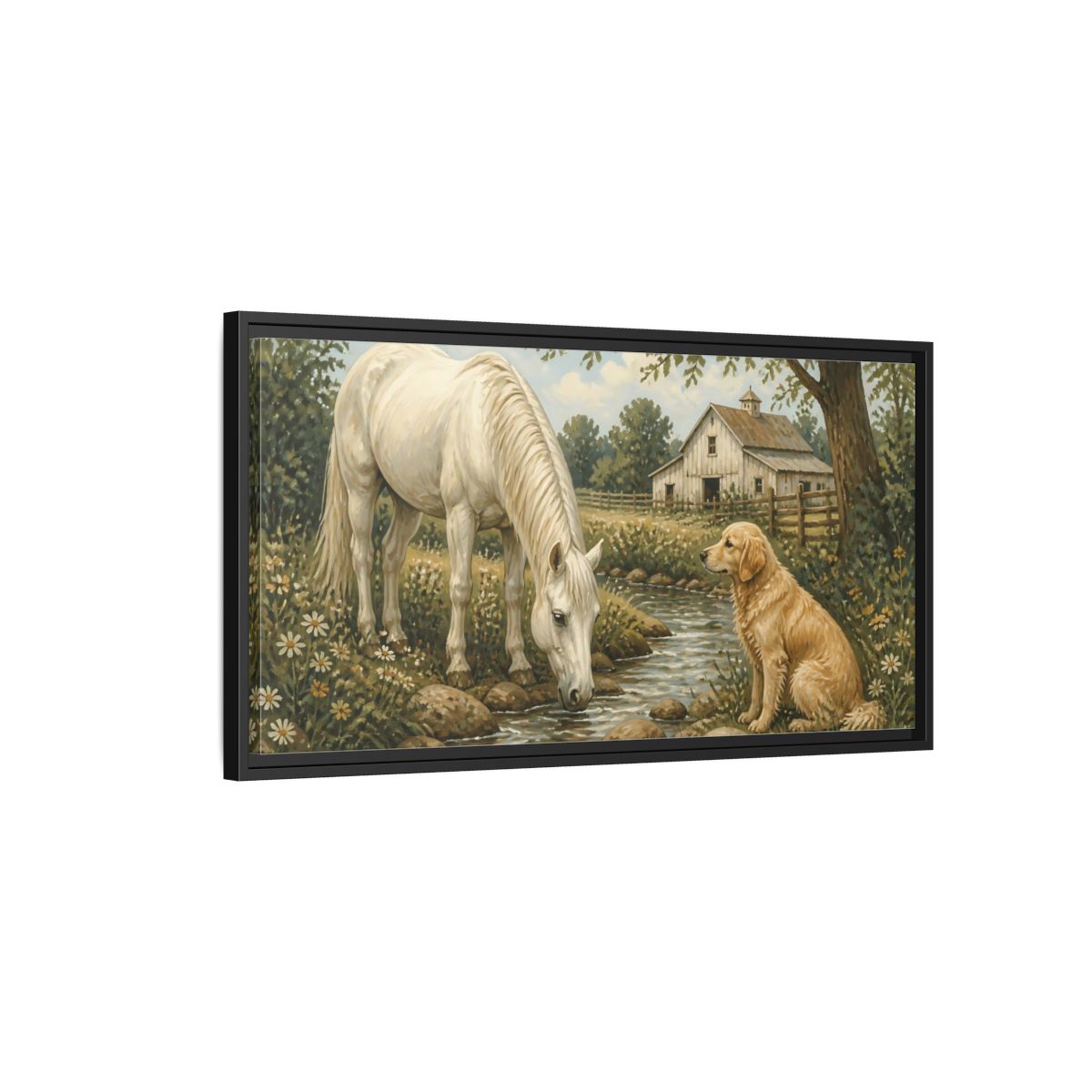 Side Mockup 2. Animals Horse And Dog Rural Farm Animals shown as stretched canvas wall art