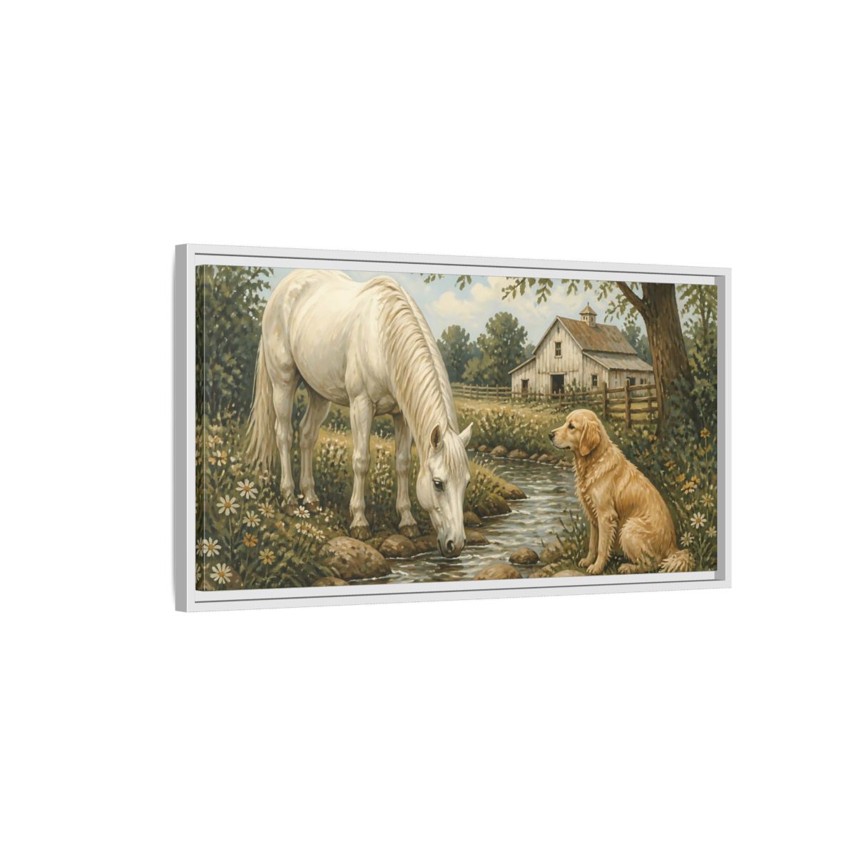 Side Mockup 1. Animals Horse And Dog Rural Farm Animals shown as stretched canvas wall art