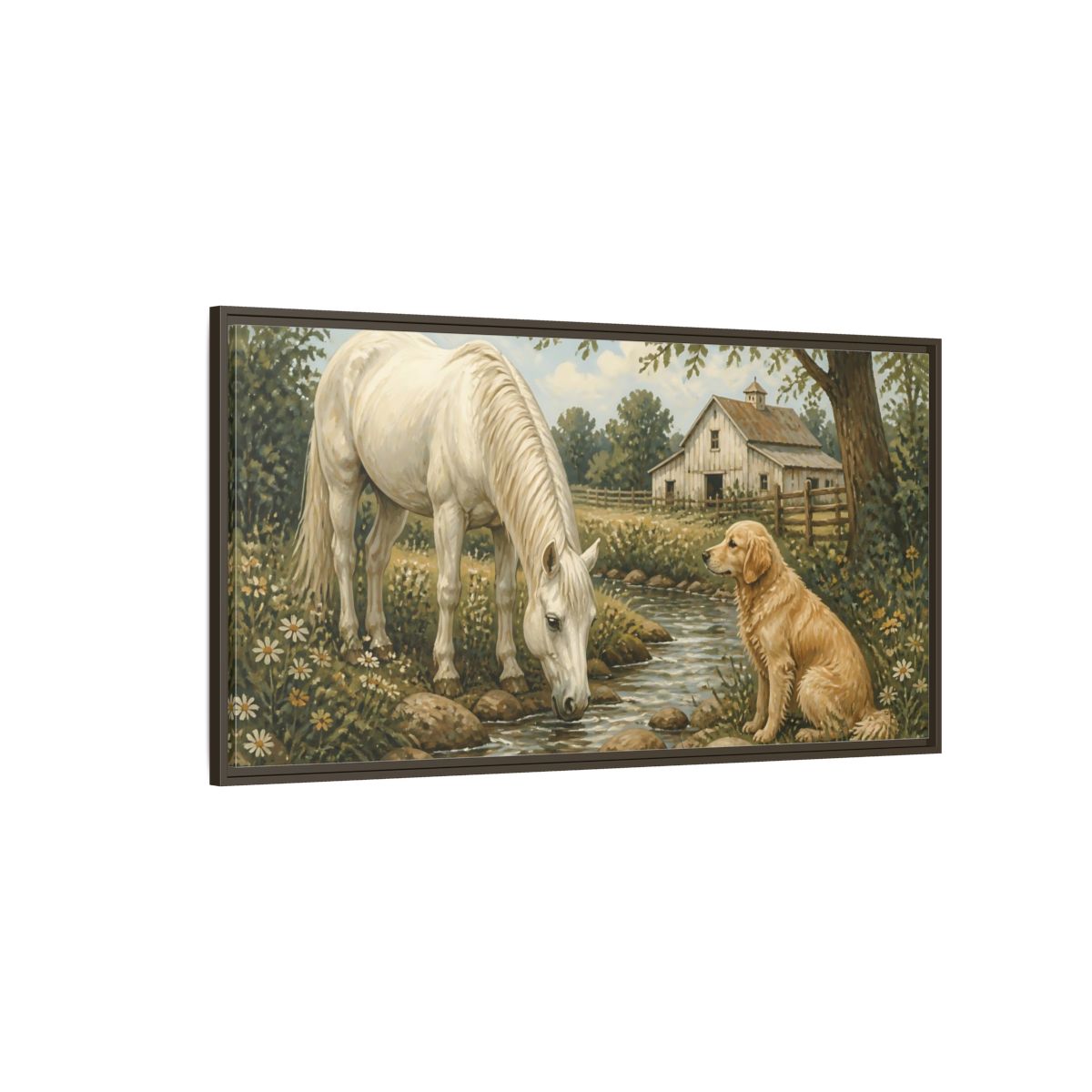 Side Mockup 4. Animals Horse And Dog Rural Farm Animals shown as stretched canvas wall art