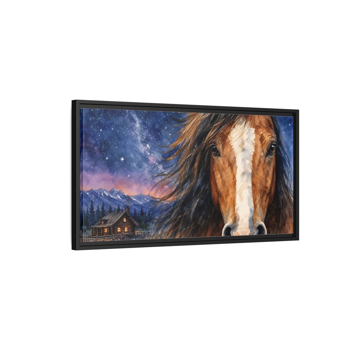 Side Mockup 2. Animals Horse Brown And Blue shown as stretched canvas wall art