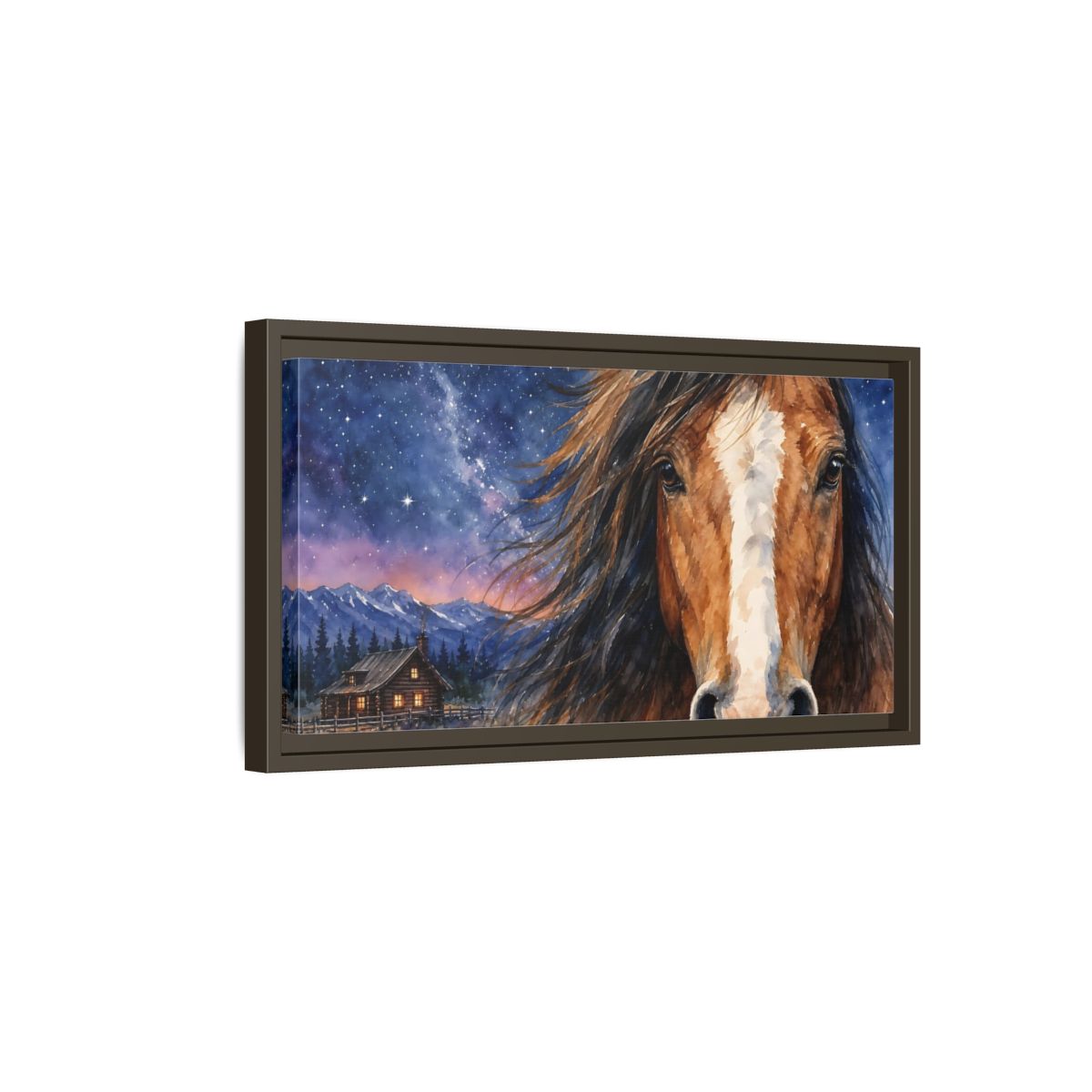 Side Mockup 7. Animals Horse Brown And Blue shown as stretched canvas wall art