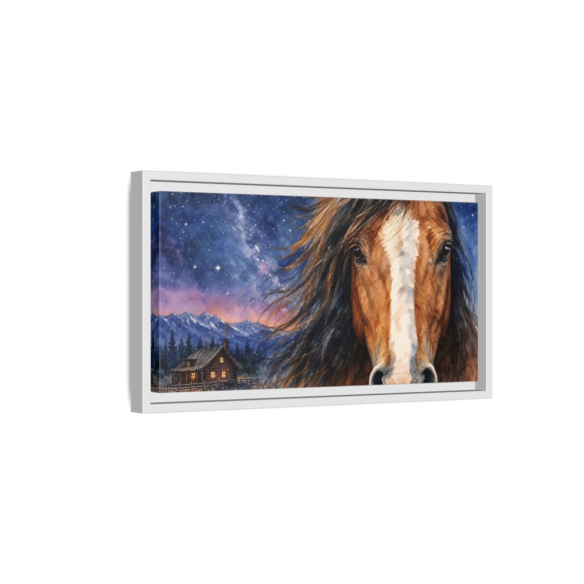 Side Mockup 6. Animals Horse Brown And Blue shown as stretched canvas wall art