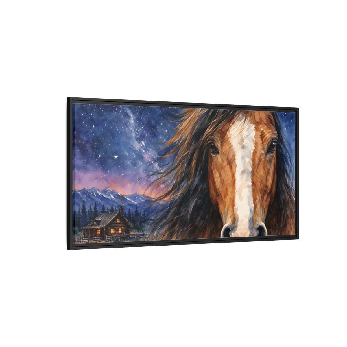Side Mockup 5. Animals Horse Brown And Blue shown as stretched canvas wall art