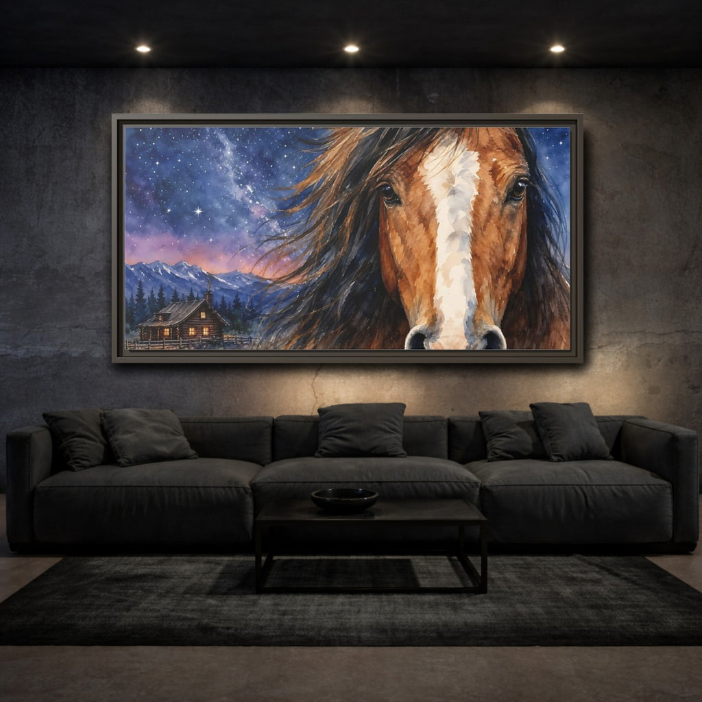 Mockup 3. Animals Horse Brown And Blue shown as stretched canvas wall art