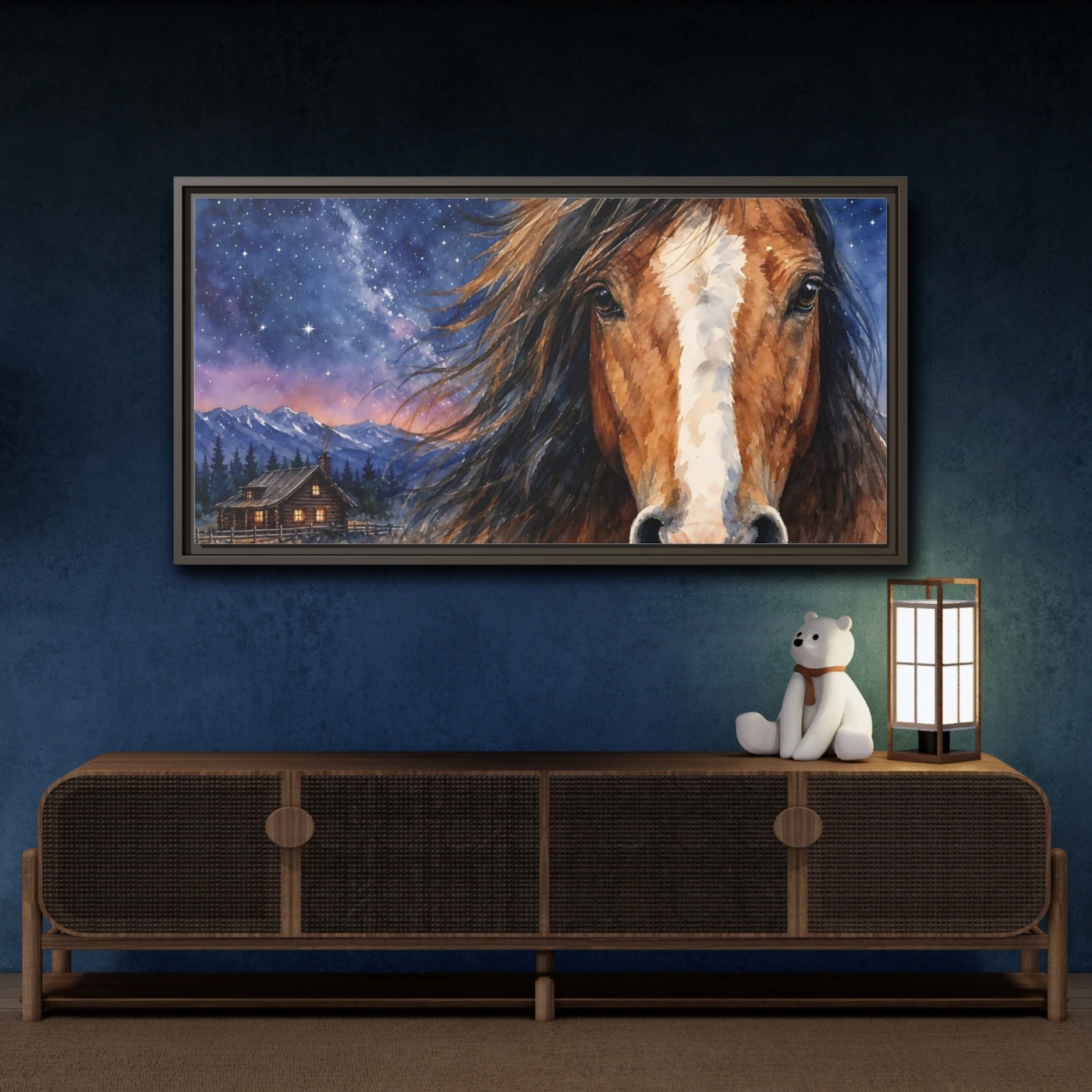 Mockup 4. Animals Horse Brown And Blue shown as stretched canvas wall art