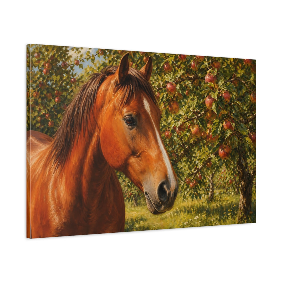 Main Mockup. Animals Horse Brown And Green shown as stretched canvas wall art