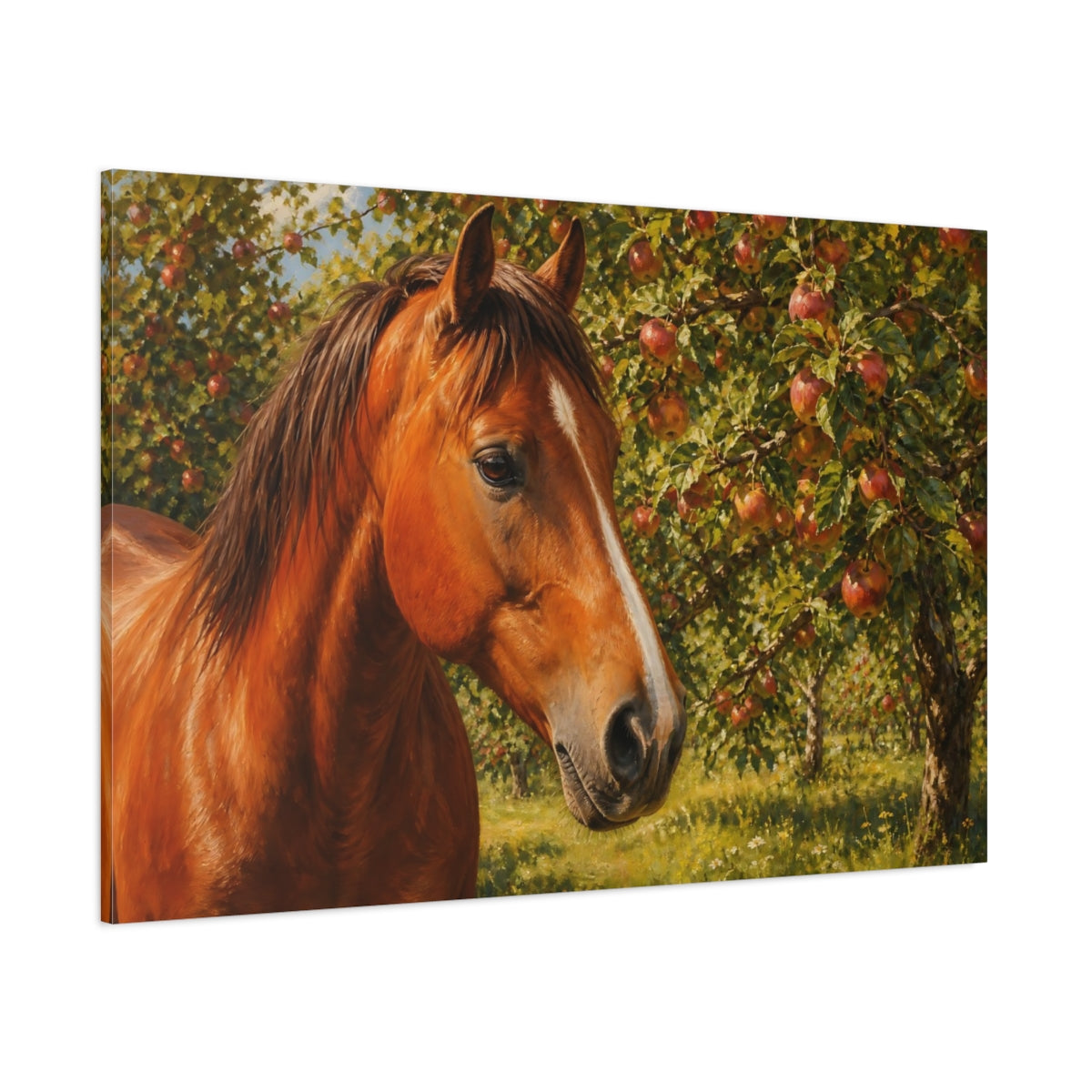 Side Mockup 1. Animals Horse Brown And Green shown as stretched canvas wall art