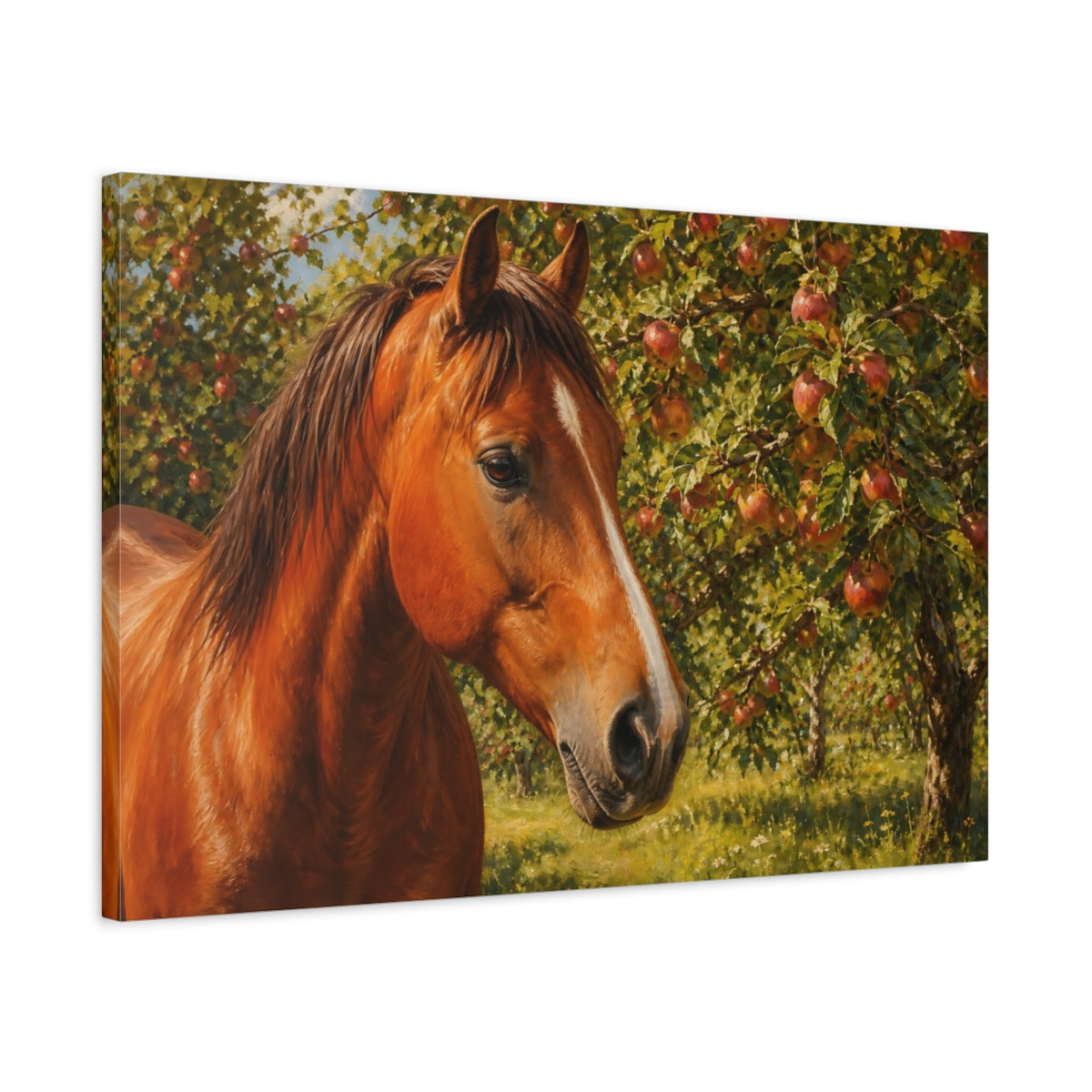 Side Mockup 2. Animals Horse Brown And Green shown as stretched canvas wall art
