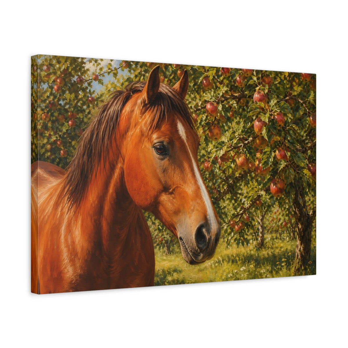 Side Mockup 3. Animals Horse Brown And Green shown as stretched canvas wall art
