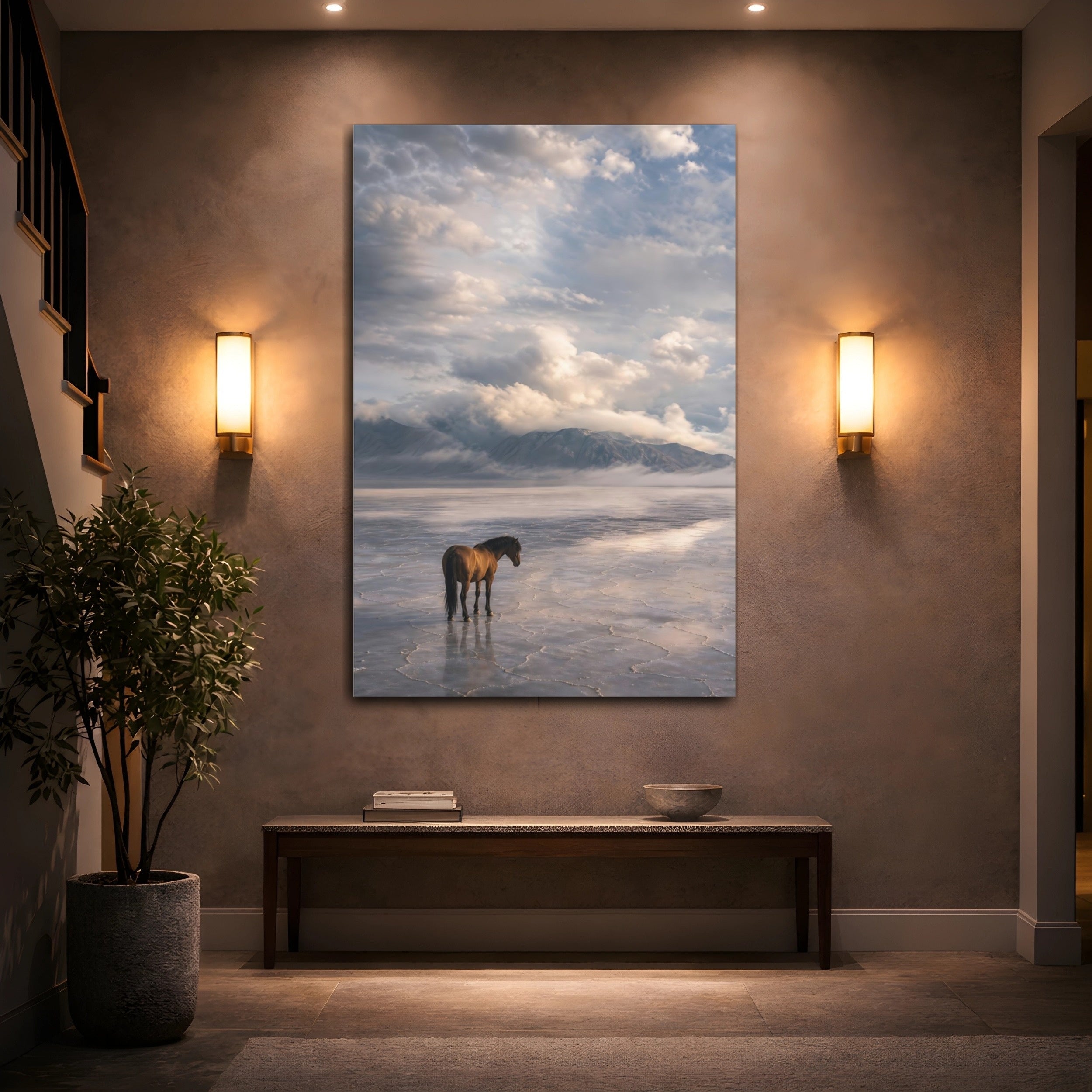 Mockup 2. Animals Horse Brown Horse Landscape shown as stretched canvas wall art