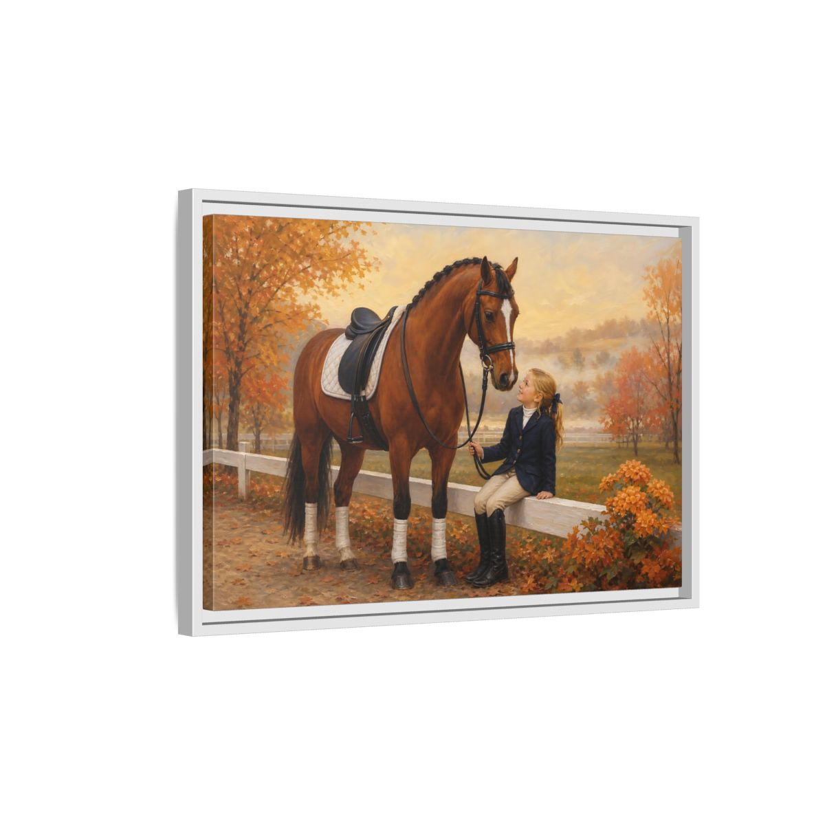 Side Mockup 1. Animals Horse, Girl Brown Horse Autumn shown as framed canvas print