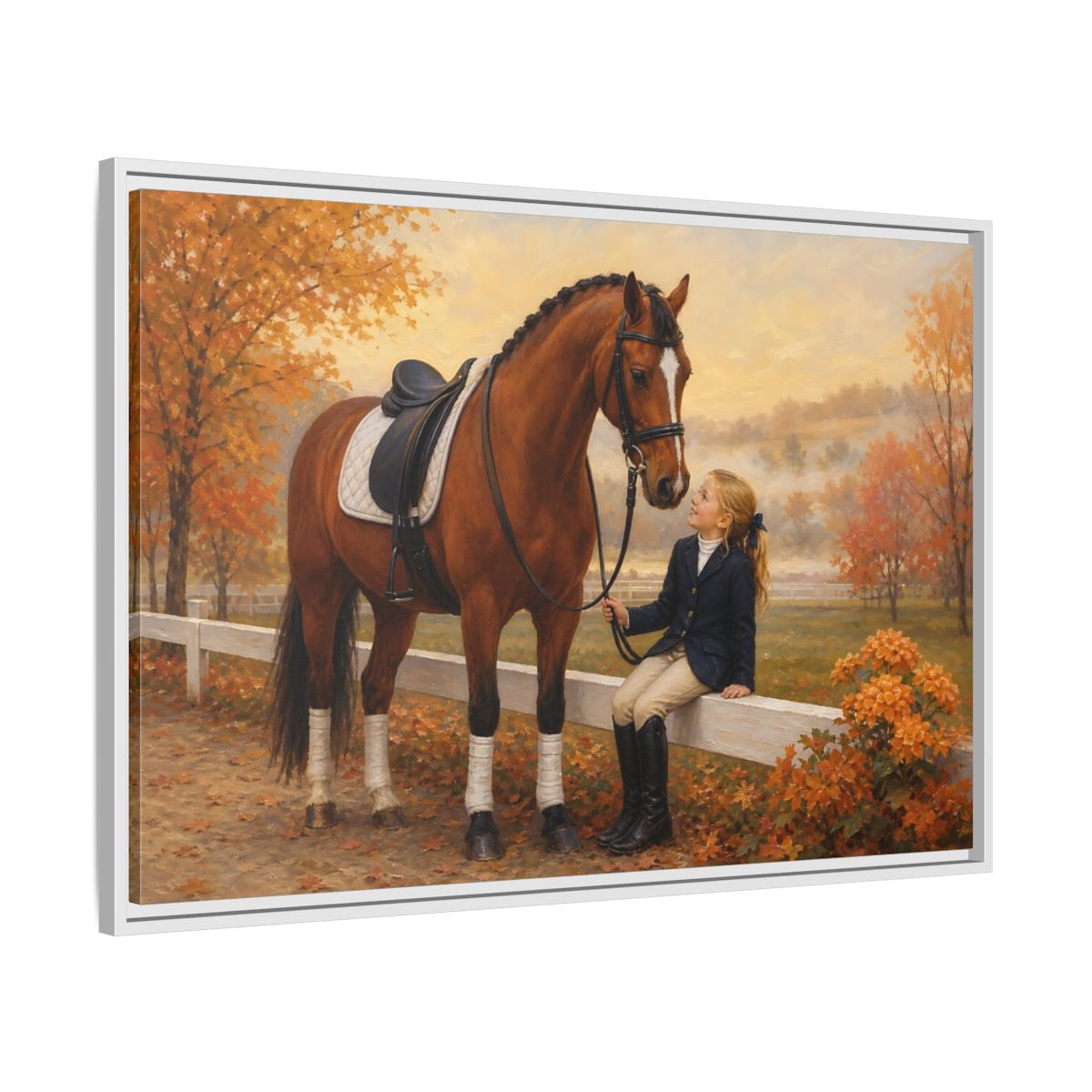 Side Mockup 9. Animals Horse, Girl Brown Horse Autumn shown as framed canvas print