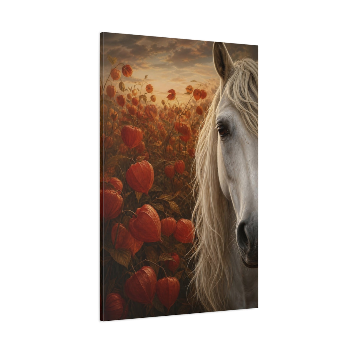 Side Mockup 1. Animals Horse Orange And White shown as stretched canvas wall art