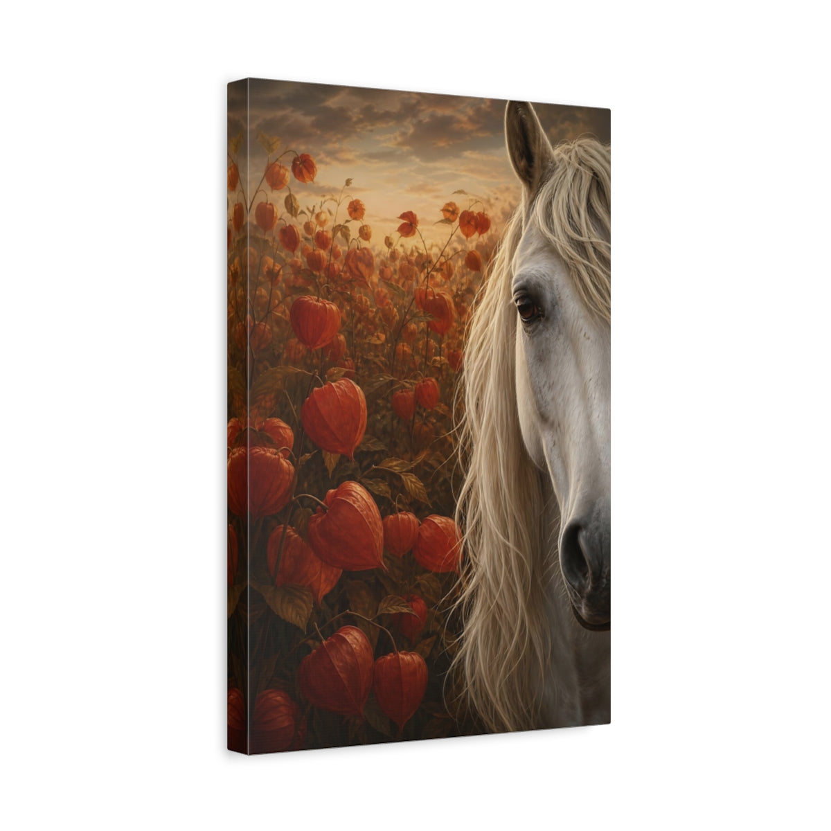 Side Mockup 4. Animals Horse Orange And White shown as stretched canvas wall art